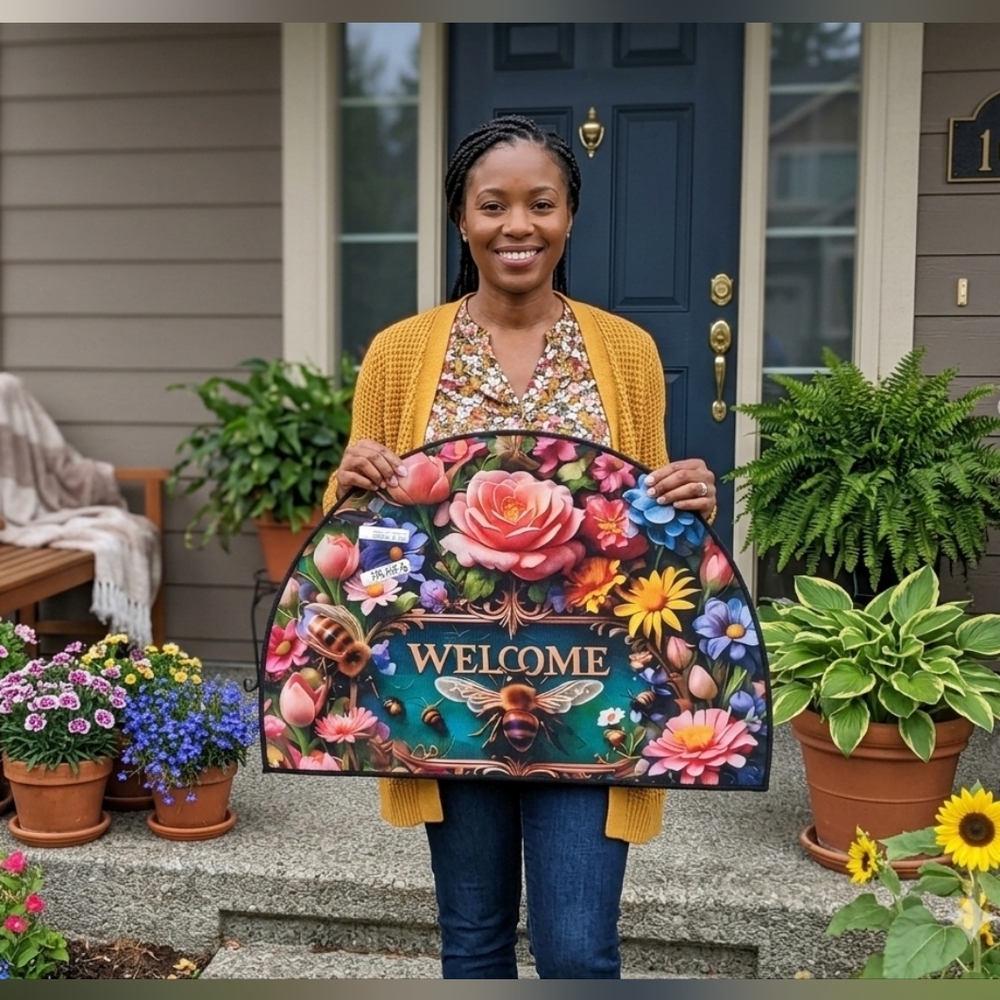 Welcome Floral Garden Half-Round Doormat - Multicolor Measures 22 1/2 x 15 1/2